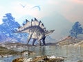 Stegosaurus dinosaur walking - 3D render Royalty Free Stock Photo