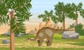 Stegosaurus in prehistoric scale with stones and tree ferns. Prehistoric animals and plants. Scene from Mesozoic or Jurassic perio