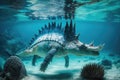 stegosaurus swimming in blue lagoon, its tail and neck submerged