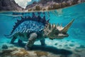 stegosaurus swimming in blue lagoon, its tail and neck submerged