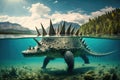 stegosaurus swimming in calm lake, its tail and spikes visible