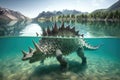 stegosaurus swimming in crystal-clear lake, its tailfin visible