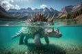 stegosaurus swimming in crystal-clear lake