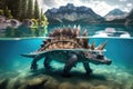 stegosaurus swimming in crystal-clear lake