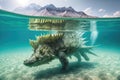 stegosaurus swimming in crystal-clear lake