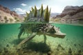 stegosaurus swimming in crystal-clear river, its tail and flippers visible