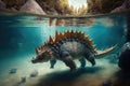 stegosaurus swimming in crystal-clear river, its tail and flippers visible