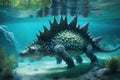 stegosaurus swimming in crystal-clear stream, with its tail and back fins visible