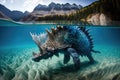 stegosaurus swimming in deep, crystal-clear lake