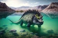 stegosaurus swimming in tranquil lake, its tail and flippers visible