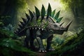 stegosaurus walking through lush jungle, its plates and spikes visible