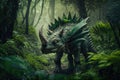 stegosaurus walking through lush jungle, its plates and spikes visible