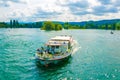 STEIN AM RHEIN, SWITZERLAND, JULY 23, 2016: view of a cruise ship bringing people to Stein am Rhein town in Switzerland Royalty Free Stock Photo