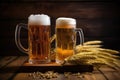 steins of wheat and lager beer side by side on a wooden table