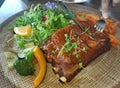 Stek and salad at the resturant in Chiangmai,north of Thailand. Royalty Free Stock Photo