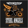 Stell Angels - Custom motorcycles club Badge or Label With biker, wings and flame. Stell Legion. Royalty Free Stock Photo