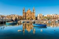 The Stella Maris church and its reflection on the Mediterranean Sea and its boats Royalty Free Stock Photo