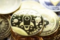 Stellar Crypto currency bitcoin and the rocket on the gold coin lay on the other