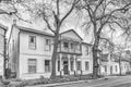 Historic buildings in Dorp street in Stellenbosch. Monochrome