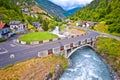 Stelvio pass road and river in Stilfs village, Dolomites Alps Royalty Free Stock Photo