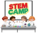 Stem camp logo with kids wearing scientist costume isolated