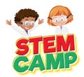 Stem camp logo and two kids wearing scientist costume isolated