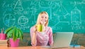 STEM concept. Formal education. Confident woman with laptop working online teacher. Modern education. Back to school Royalty Free Stock Photo