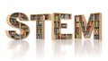 STEM education concept. Bookshelvs with books in the form of tex Royalty Free Stock Photo