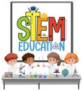 Stem education logo with kids wearing scientist costume isolated