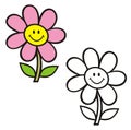 Stem and flower with smiley face. Coloring book.