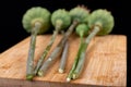 Stem of poppy on a kitchen board. White liquid flowing out of the poppy plant