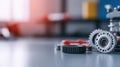 Robotic stem learning kit featuring interconnected gears, exposed wiring, partially constructed on minimalist workspace Royalty Free Stock Photo