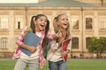 STEM summer camps and courses for kids. Happiness and joy. Smiling friends having fun at school yard. Happy schoolmates Royalty Free Stock Photo