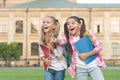 STEM summer camps and courses for kids. Happiness and joy. Smiling friends having fun at school yard. Happy schoolmates Royalty Free Stock Photo