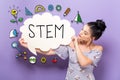 STEM with woman holding a speech bubble