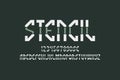 Stencil artistic display font. Gray white angular letters, numbers and currency signs. Isolated english alphabet. Vector