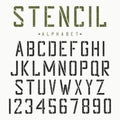 Stencil font. Alphabet and numbers for stencil-plate. Vintage grunge typeface. Vector.
