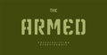 Stencil font for military gaming type design. Geometric typo chamfered letter set for cybersports game. Khaki green