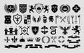 Stencil heraldic emblem templates. Traditional snake, lion and eagle symbols. Medieval weapons, shields and royal castle labels