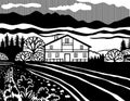 Swiss Chalet Style House in the Meadows of Switzerland in Black and White Retro Stencil Style