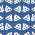 Stencil style vector white sailing boats Seamless pattern on navy blue background with subtle anchor shapes.Water