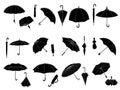 Stencil umbrellas. Folded parasol, open umbrella for rainy weather or sunshade. Different shape accessories black