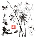 Stencils birds, fish and plants in the eastern style. Royalty Free Stock Photo