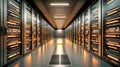 Step into an advanced data center filled with synchronized servers and computer equipment, radiating energy and innovation in a