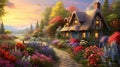 Enchanting Haven: A Charming Cottage Garden Overflowing with Whimsical Blooms and Tranquil Beauty - AI Generative