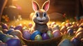 Animated Eggstravaganza: Fluffy Bunny in a 3D Animation of a Scenic Easter Wonderland. Generative AI