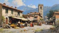 Timeless Charm: Italian Village Market, 1870 Painting