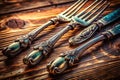 Vintage Silver Fork Handles A Glimpse into Rustic Culinary History Exquisite Antique Cutlery in a Charming Kitchen Royalty Free Stock Photo