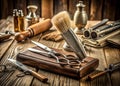 Classic Barber Shop Tools A Collection of Vintage Razors Combs Brushes and Scissors on a Rustic Wooden Surface Royalty Free Stock Photo