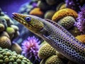 Vintage Aquarium Masterpiece A Spotted Eel Unveiled Against a Vibrant Coral Reef A Stunning Retro Underwater Royalty Free Stock Photo